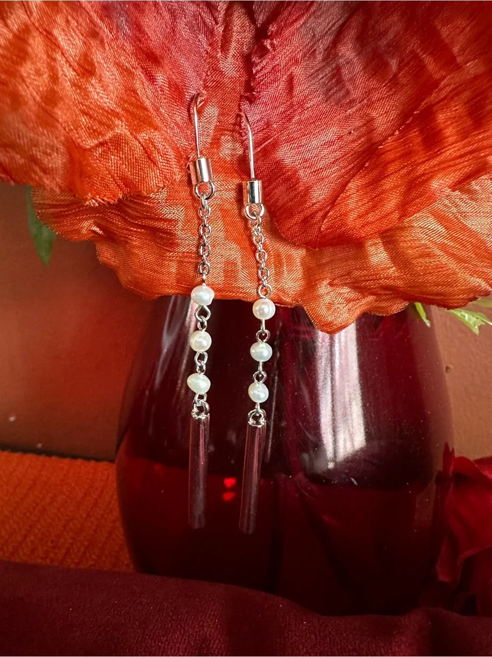 Rare Quality Silver Pearl Drop Lariat Necklace and Earrings Set